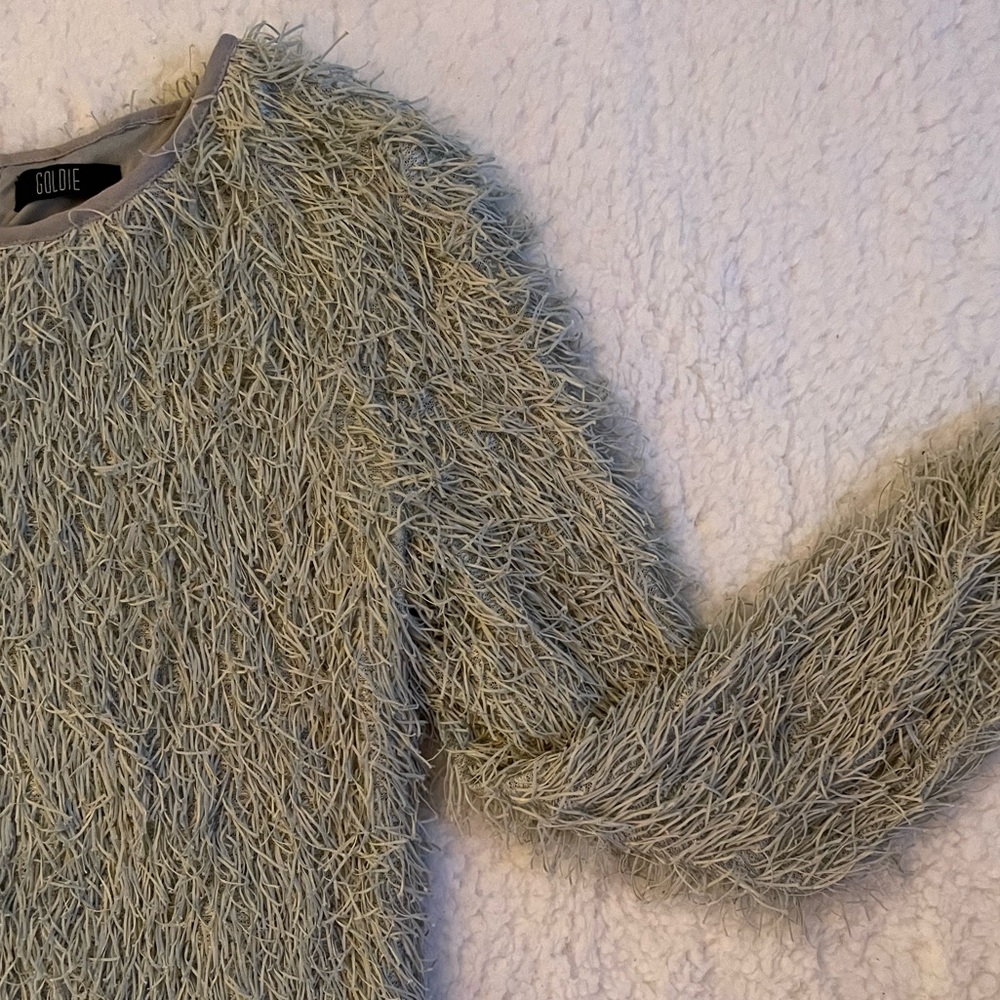 Goldie Fringe Top — Size Small Silver Grey Fringe Long Sleeve Shirt